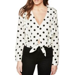 Bardot Polka Dot Tie Front Shirt Medium 8 black white cropped